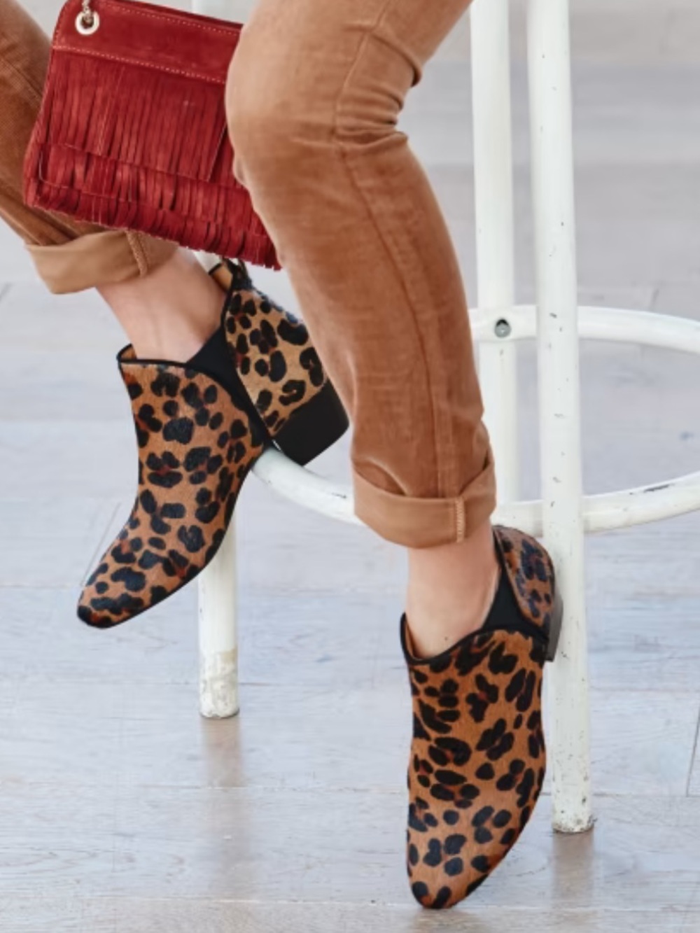 Sezane Leopard Leather Ankle Boots, Size US 9